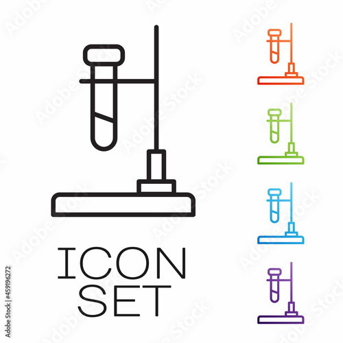 Black line Glass test tube flask on fire heater experiment icon isolated on white background. Laboratory equipment. Set icons colorful. Vector