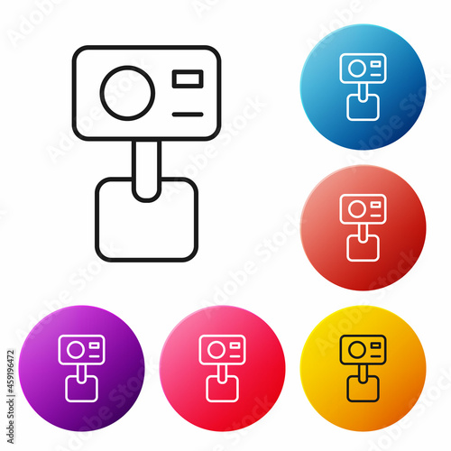 Black line Action extreme camera icon isolated on white background. Video camera equipment for filming extreme sports. Set icons colorful circle buttons. Vector