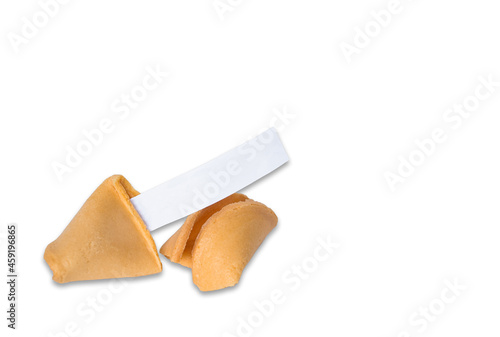 Chinese fortune cookie with blank paper insert isolated on white