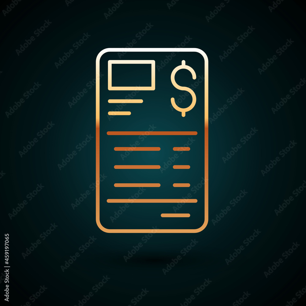 Gold line Paper or financial check icon isolated on dark blue background. Paper print check, shop receipt or bill. Vector Gold line Paper or financial check icon isolated on dark blue background. Paper print check, shop receipt or bill. Vector