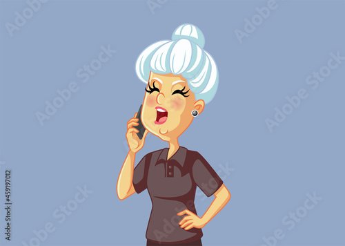 Grumpy Grandmother Talking on the Phone Vector Cartoon