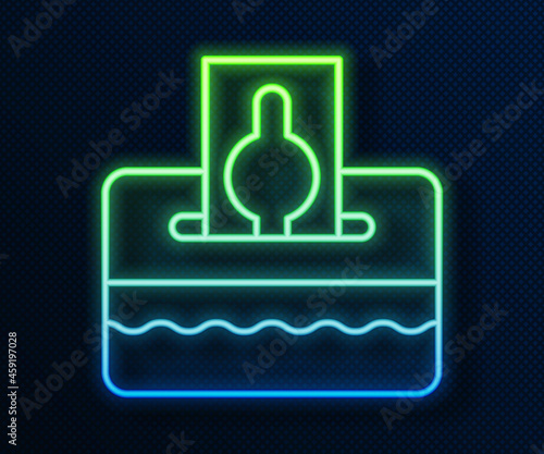 Glowing neon line Donate or pay your zakat as muslim obligatory icon isolated on blue background. Muslim charity or alms in ramadan kareem before eid al-fir. Vector