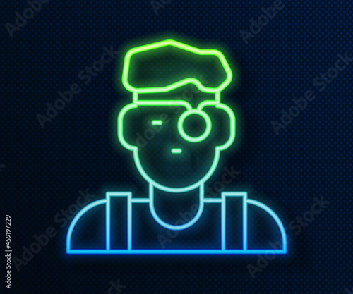 Glowing neon line Jeweler man icon isolated on blue background. Vector
