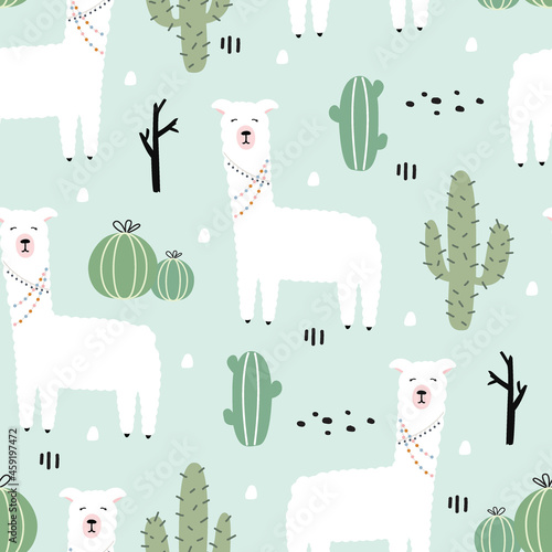 Cartoon animal background for kids Seamless pattern with llama and cactus. Hand drawn design in children's style, used for fabrics, textiles, wallpaper printing, decoration.