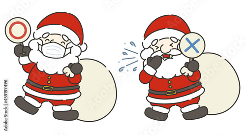 マスクをしたサンタクロースとくしゃみをしたサンタクロースのイラスト