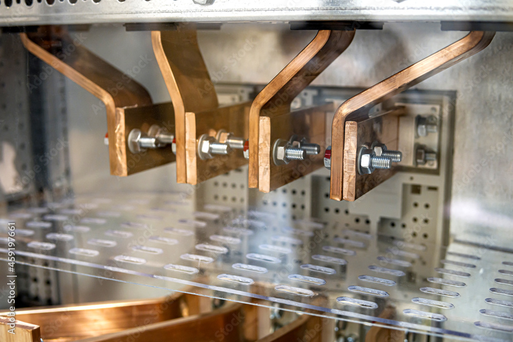 copper busbars in electrical power distribution cabinet Stock Photo ...