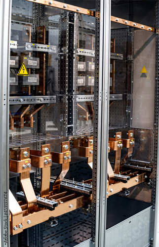 copper busbars in electrical power distribution cabinet