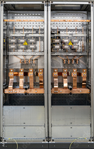 copper busbars in electrical power distribution cabinet