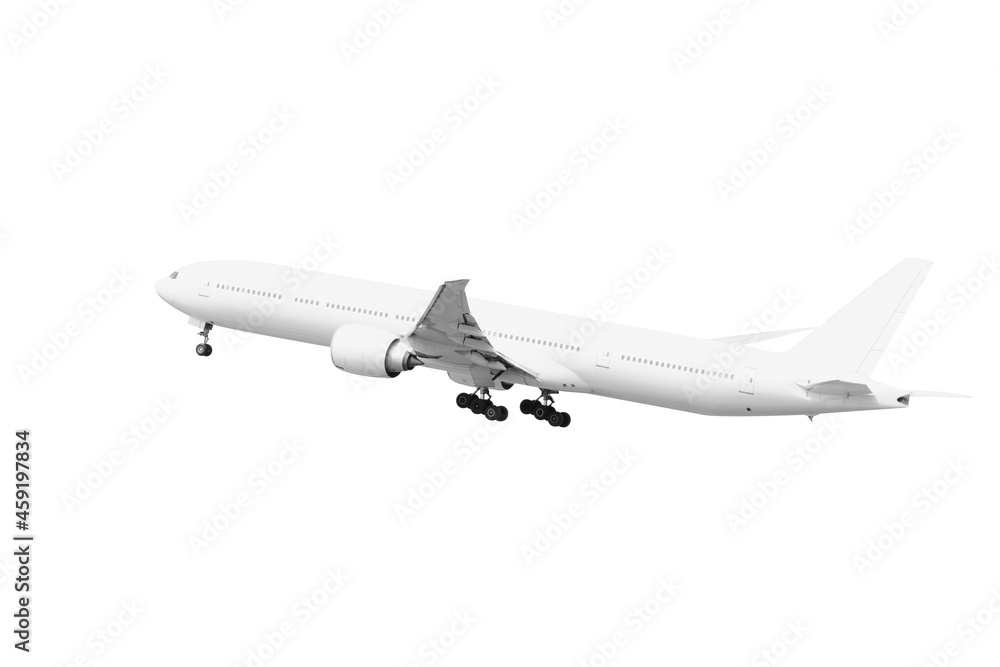 Fototapeta premium White Passenger aircraft taking off isolated on white background with clipping path