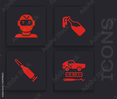 Set Car theft, Thief mask, Cocktail molotov and Bullet icon. Vector