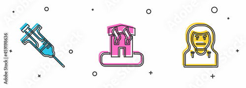 Set Syringe, Arson home and Thief mask icon. Vector