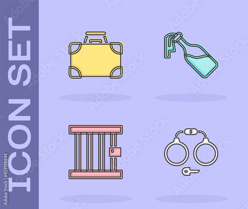 Set Handcuffs, Briefcase money, Prison window and Cocktail molotov icon. Vector