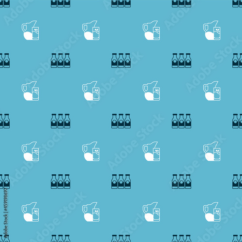 Set Bottle with milk and Milk jug or pitcher and glass on seamless pattern. Vector