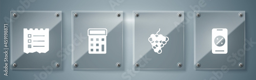 Set Percent discount and mobile, Grape fruit, Calculator and Shopping list. Square glass panels. Vector
