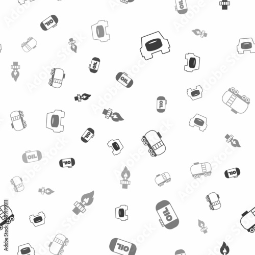 Set Spare wheel in the car, Oil tank storage, railway cistern and rig with fire on seamless pattern. Vector