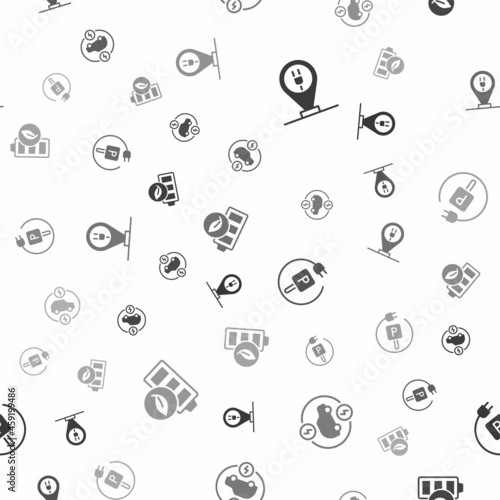 Set Charging parking electric car, Electric, and Eco nature leaf battery on seamless pattern. Vector