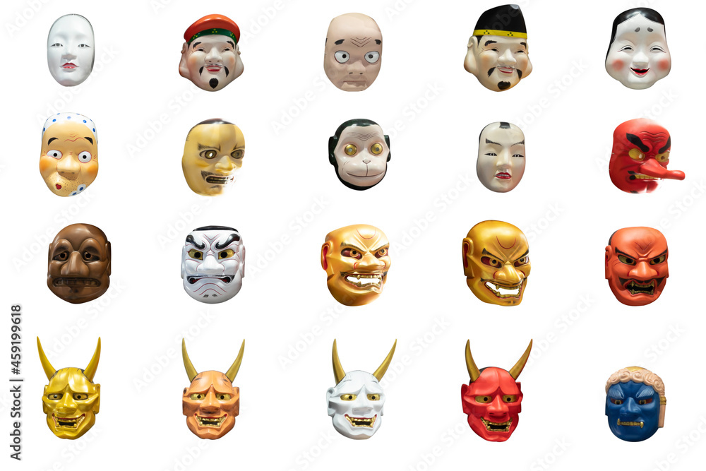 Collections of a traditional theater masks from a japan culture isolated on white background with clipping path
