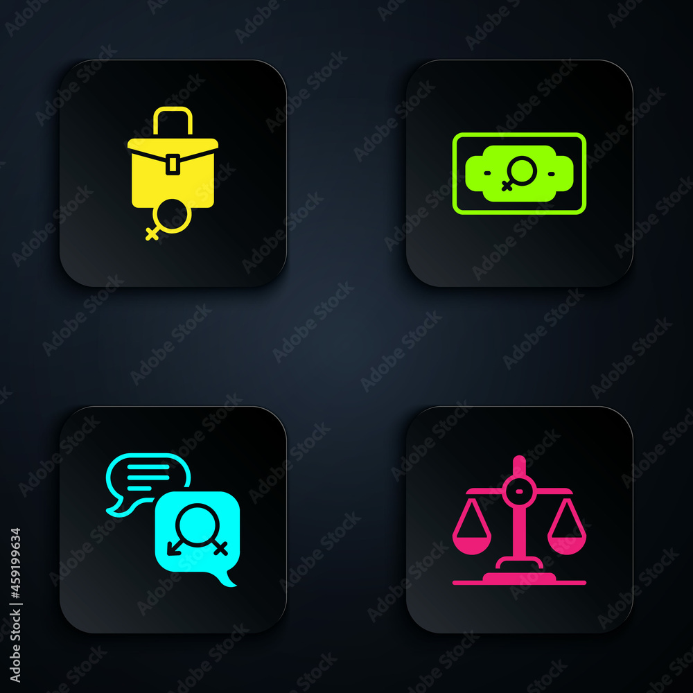 Set Gender equality, Work for female, and Money growth woman. Black square button. Vector Set Gender equality, Work for female, and Money growth woman. Black square button. Vector