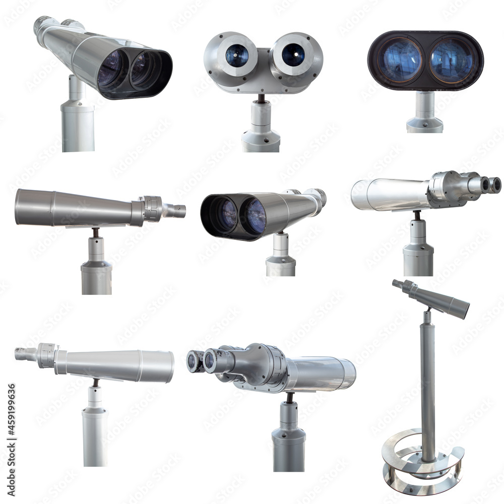 Collections of touristic telescope or coin-operated binoculars isolated on white background with clipping path