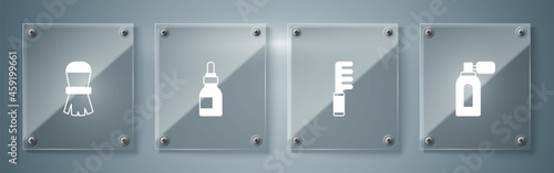 Set Aftershave with atomizer, Hairbrush, Oil bottle and Shaving. Square glass panels. Vector