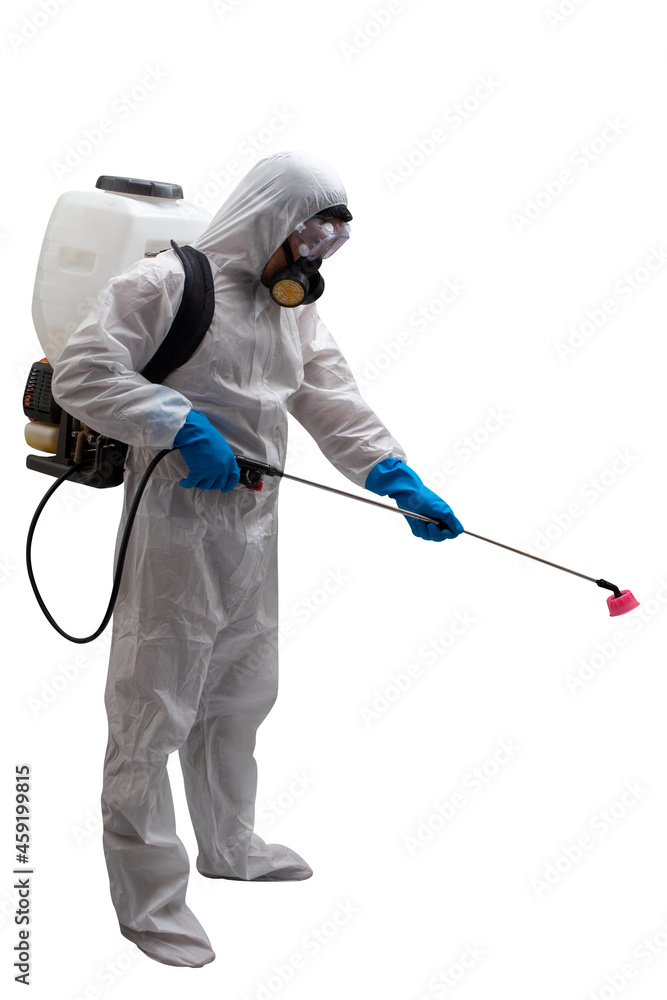 Health center staff in protective suit and face protection mask spraying interior using chemical agents to stop spreading virus infections. isolated on white background with clipping path