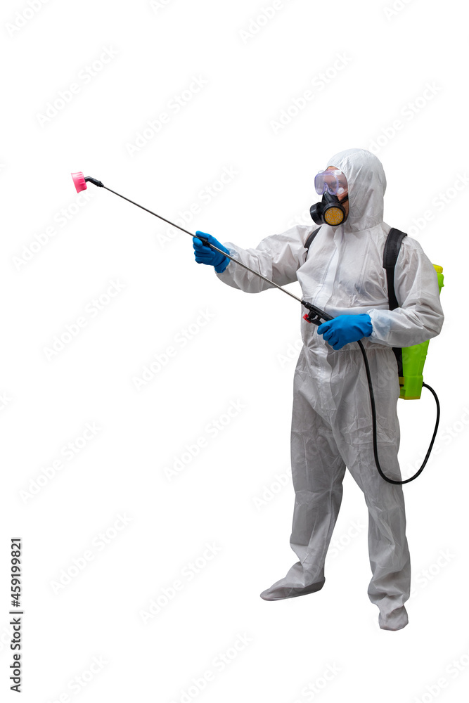 Man in protective suit and face protection mask spraying interior using chemical agents to stop spreading virus infections. isolated on white background with clipping path