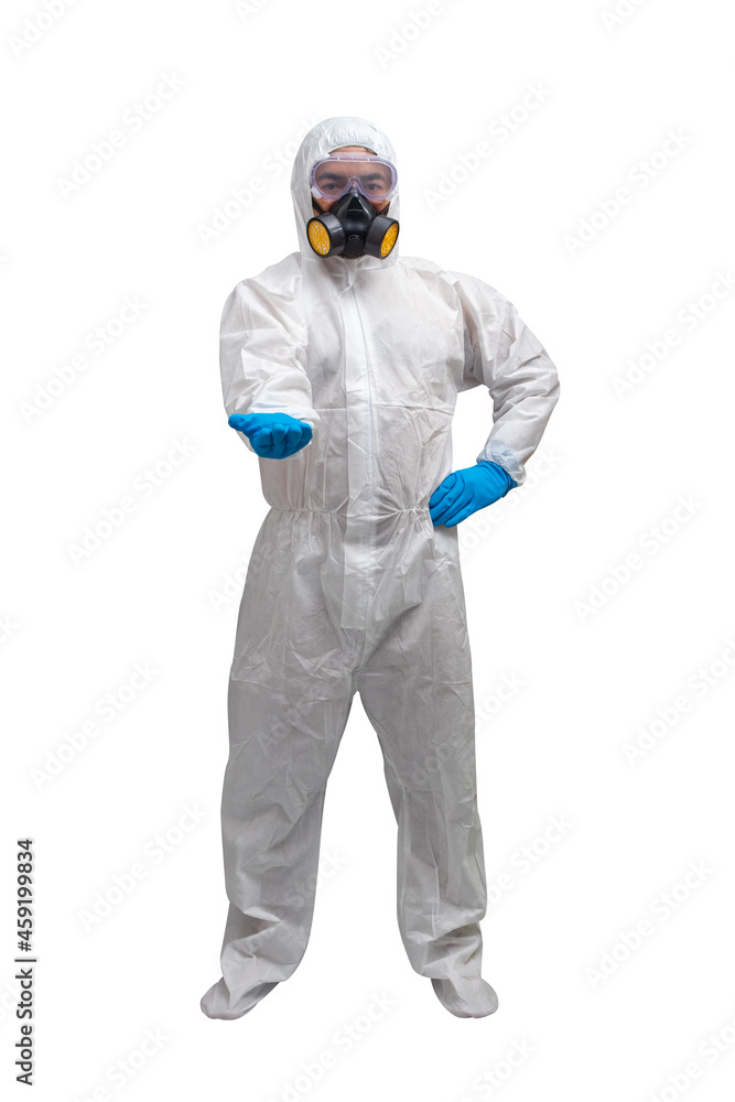 Metaphor of man in protective suit hand for holding pose to stop spreading virus infections.isolated on white background with clipping path Metaphor of man in protective suit hand for holding pose to stop spreading virus infections.isolated on white background with clipping path
