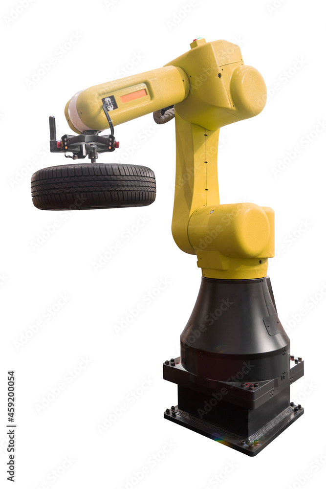 Robot arm for automotive engineering and tire industry isolated on white background with clipping path Robot arm for automotive engineering and tire industry isolated on white background with clipping path