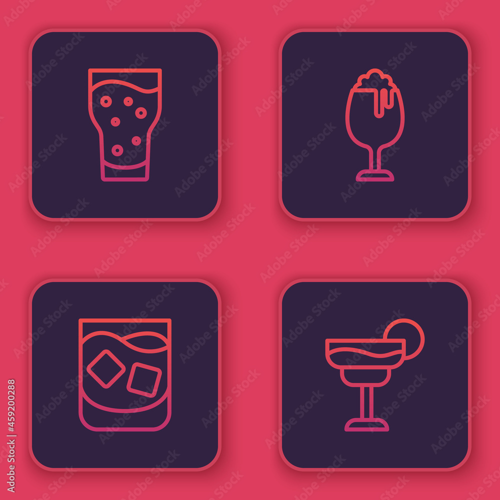 Set line Glass of beer, whiskey, and Cocktail. Blue square button. Vector Set line Glass of beer, whiskey, and Cocktail. Blue square button. Vector