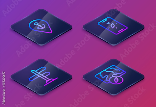 Set Isometric line Location with anchor, Road traffic sign, Compass mobile and City map navigation. Blue square button. Vector
