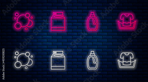 Set line Washer, Bottle for cleaning agent, Soap water bubbles and Basin with shirt. Glowing neon icon on brick wall. Vector