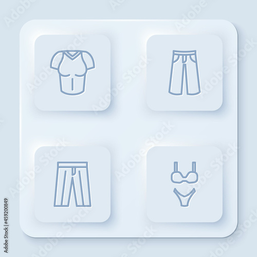 Set line T-shirt  Pants  and Swimsuit. White square button. Vector