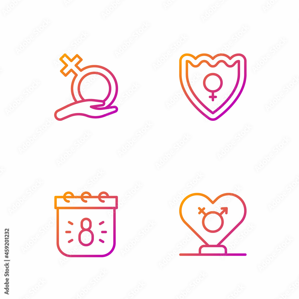 Set line Gender, Calendar with 8 March, Female gender and shield,. Gradient color icons. Vector