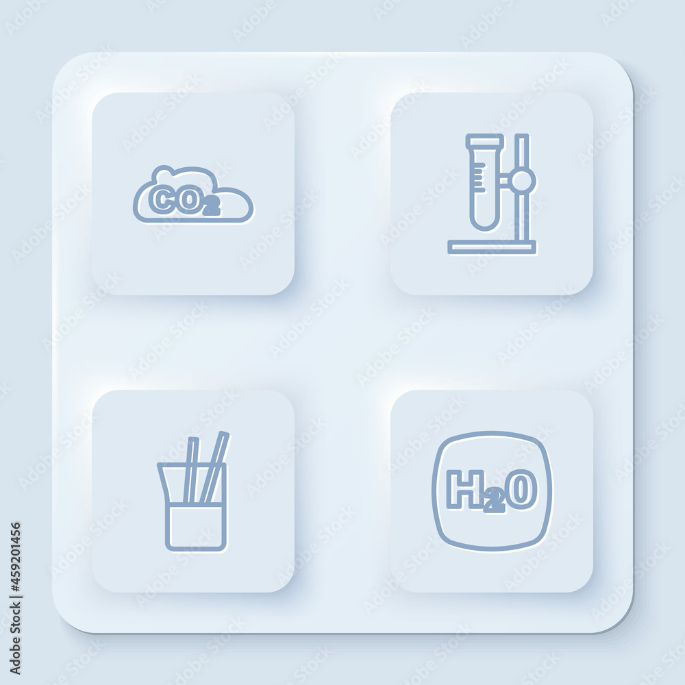 Set line CO2 emissions in cloud, Test tube flask stand, Laboratory glassware and Chemical formula H2O. White square button. Vector Set line CO2 emissions in cloud, Test tube flask stand, Laboratory glassware and Chemical formula H2O. White square button. Vector