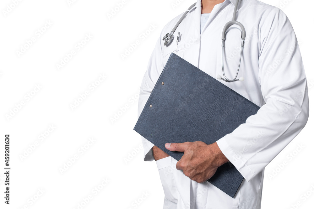 Doctor holding medical records and folders isolated on white background with clipping path Doctor holding medical records and folders isolated on white background with clipping path