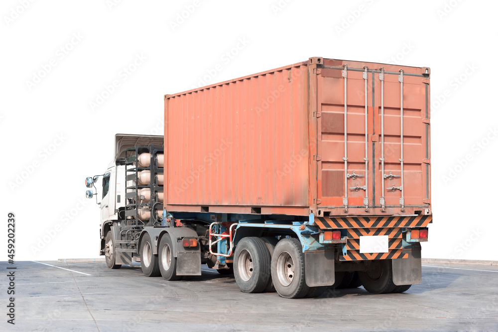 Truck container commercial delivery cargo on road isolated on white background with clipping path