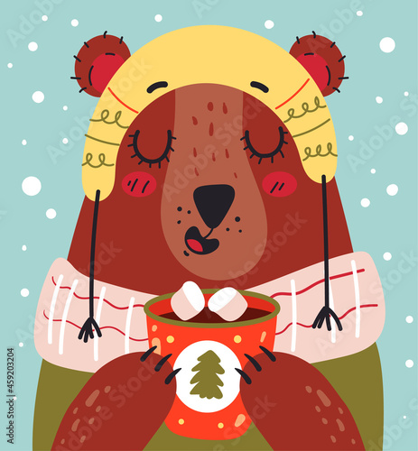 Christmas and New Year bear character drinking hot cacao at winter card vector flat graphic design illustration