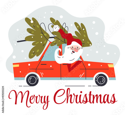 Christmas Santa Claus driving car with tree pine card vector flat graphic design illustration
