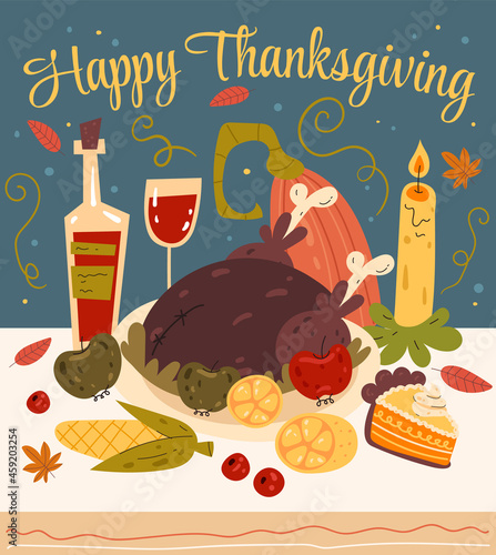 Thanksgiving dinner with turkey and pumpkin vector flat graphic design illustration