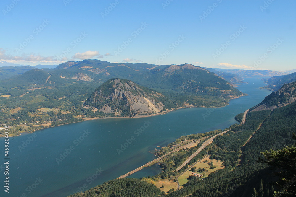 Columbia River Gorge Hill Forest and River Landscape