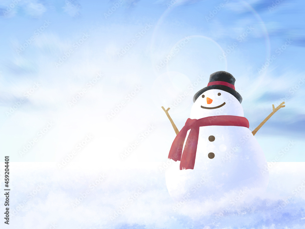 Obraz premium 雪だるまの冬景色フレーム（青空の雪原）