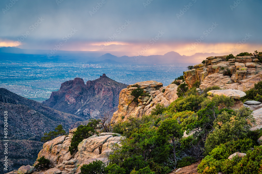 View from Mt. Lemmon of Tucson Arizona with monsoon sky and rain 