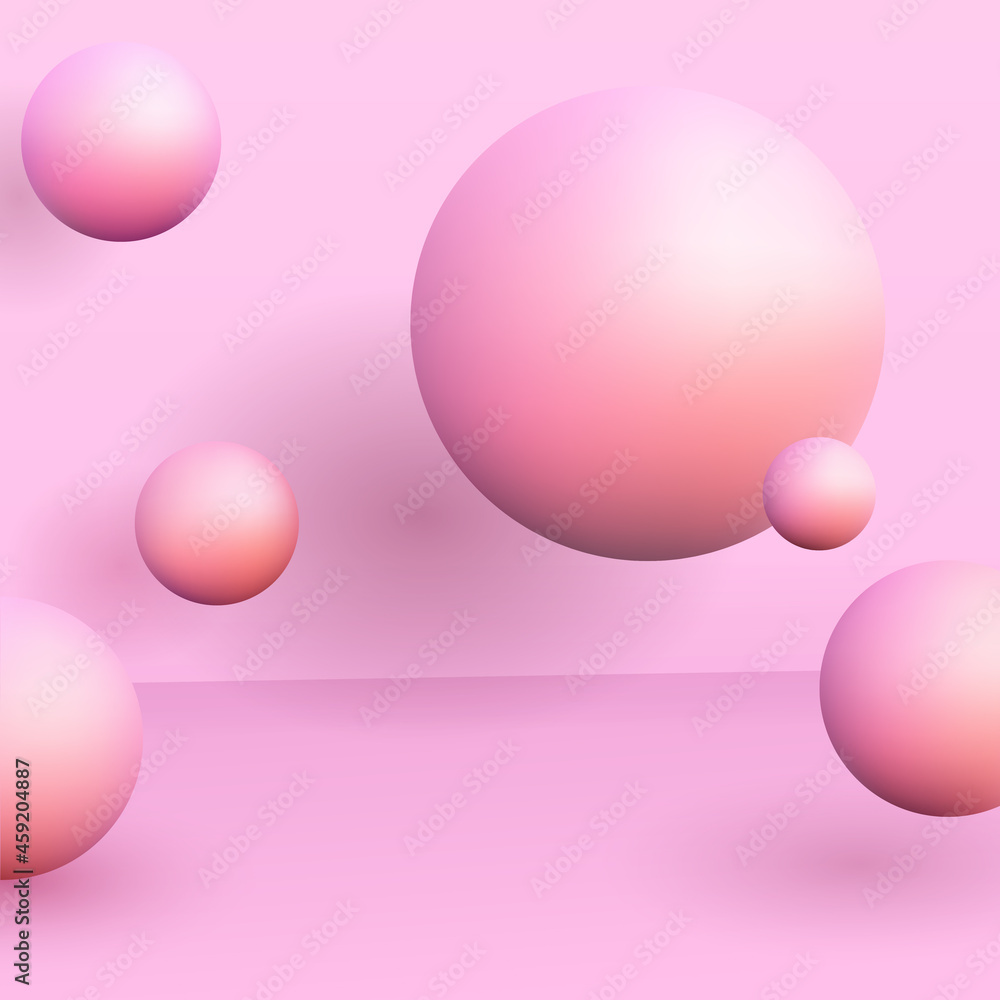 Studio for product display with copy space. 3d background with flying balls. Pink color. Monochrome gamma. Studio for product display with copy space. 3d background with flying balls. Pink color. Monochrome gamma.