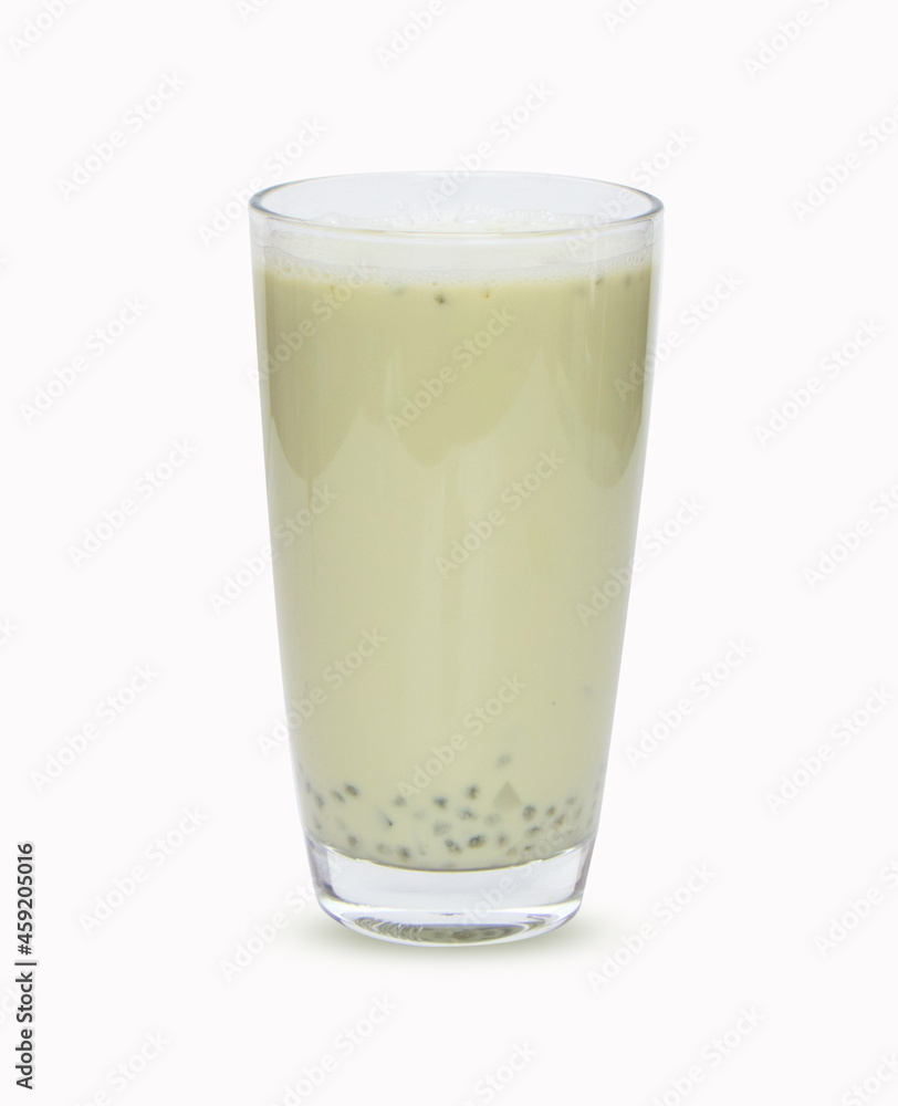 Soy products milk in tall glass. Have hair part basil seeds, green tea, fresh milk. Popularly eaten for breakfast rich in nutrients vitamin A, B, B1, B2, B6, B12, C, D, E. Isolated on white background Soy products milk in tall glass. Have hair part basil seeds, green tea, fresh milk. Popularly eaten for breakfast rich in nutrients vitamin A, B, B1, B2, B6, B12, C, D, E. Isolated on white background