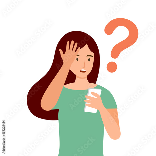 Young woman forget password in online app or website in smartphone. Forgetful female with question mark in flat design on white background.