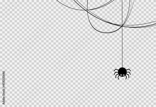 Halloween party background with spider hanging from spiderwebs isolated png or transparent texture,blank space for text,element template for poster,brochures, online advertising,vector illustration