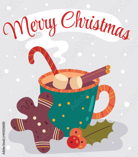 Merry Christmas winter drink with gingerbread man flat cartoon illustration