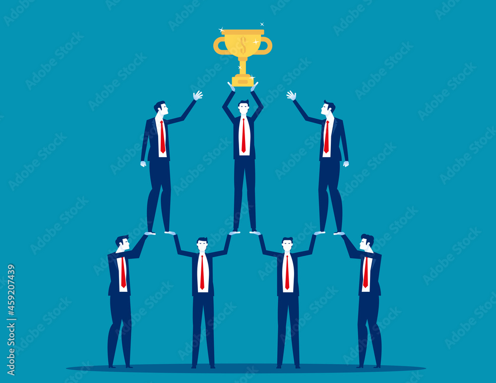 Business team members are raising the winning trophy. Business vector concept Business team members are raising the winning trophy. Business vector concept