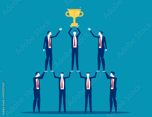 Business team members are raising the winning trophy. Business vector concept