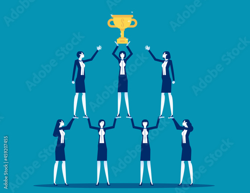 Business team members are raising the winning trophy. Business vector concept
